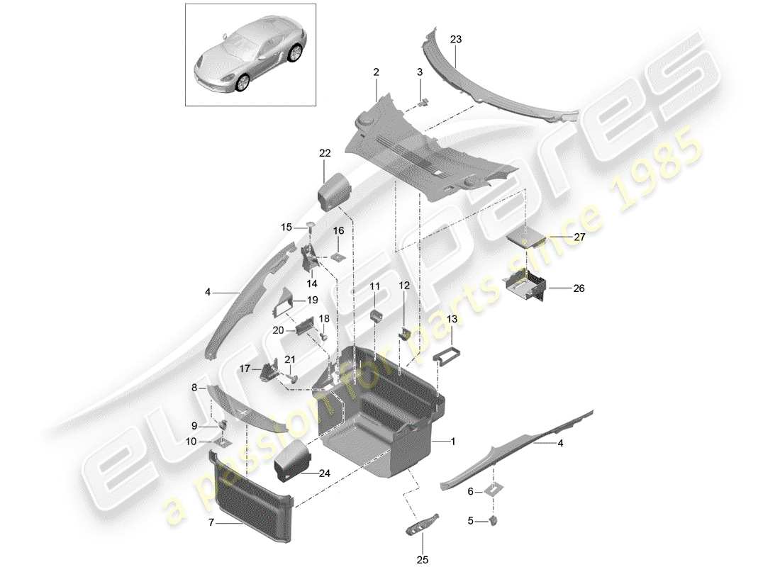 porsche 2018 (718 cayman) doublure de coffre schéma des pièces