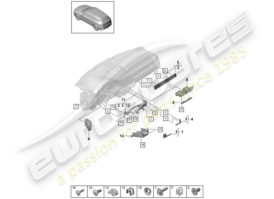 porsche 2020 (cayenne e3 9ya/9yb) garniture du tableau de bord schéma des pièces