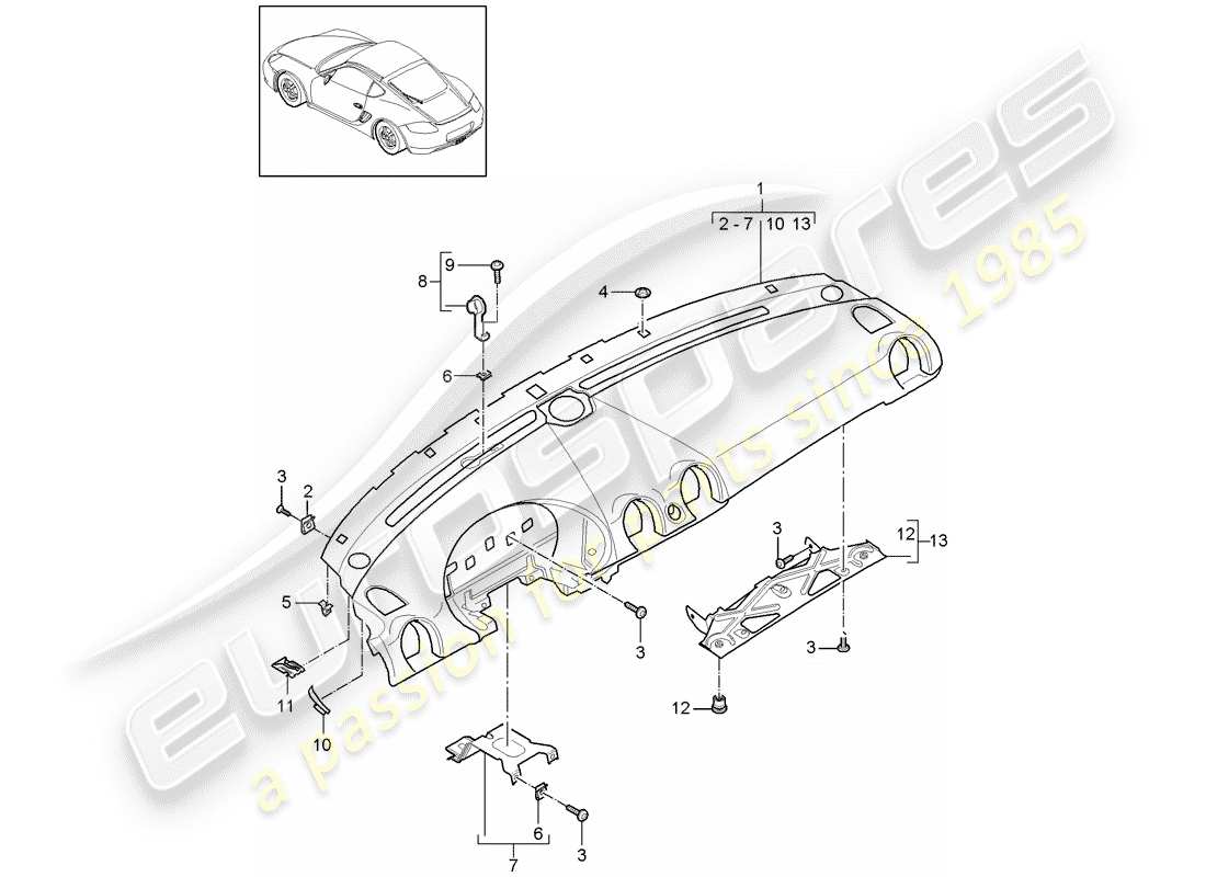 porsche 2007 (987 cayman) garniture de panneau de tableau de bord schéma des pièces