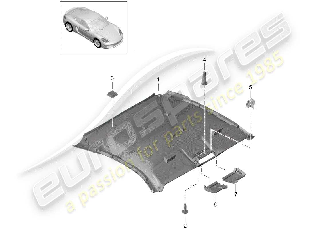 porsche 2019 (718 cayman) panneau de garniture de toit schéma des pièces