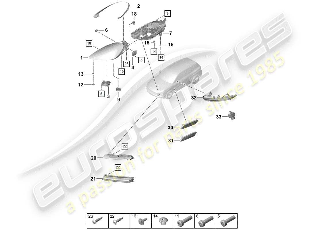 porsche 2019 (cayenne e3 9ya/9yb) phare à led schéma des pièces