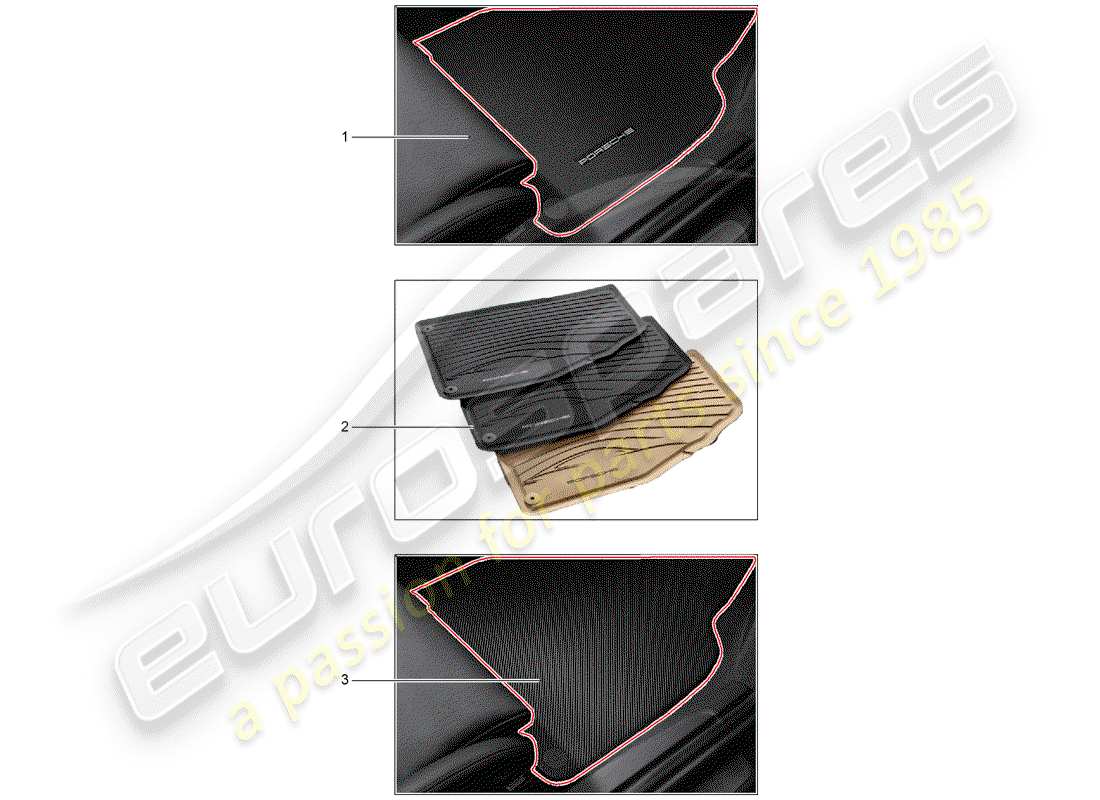 porsche 2019 (tequipment 98x/99x) 1 ensemble de tapis (textile) schéma des pièces