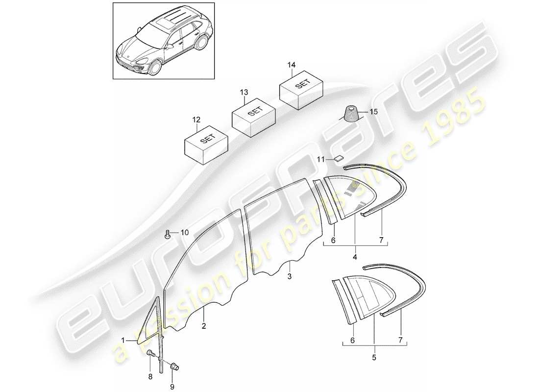 porsche 2017 (cayenne e2 92a) lunettes de fenêtre schéma des pièces