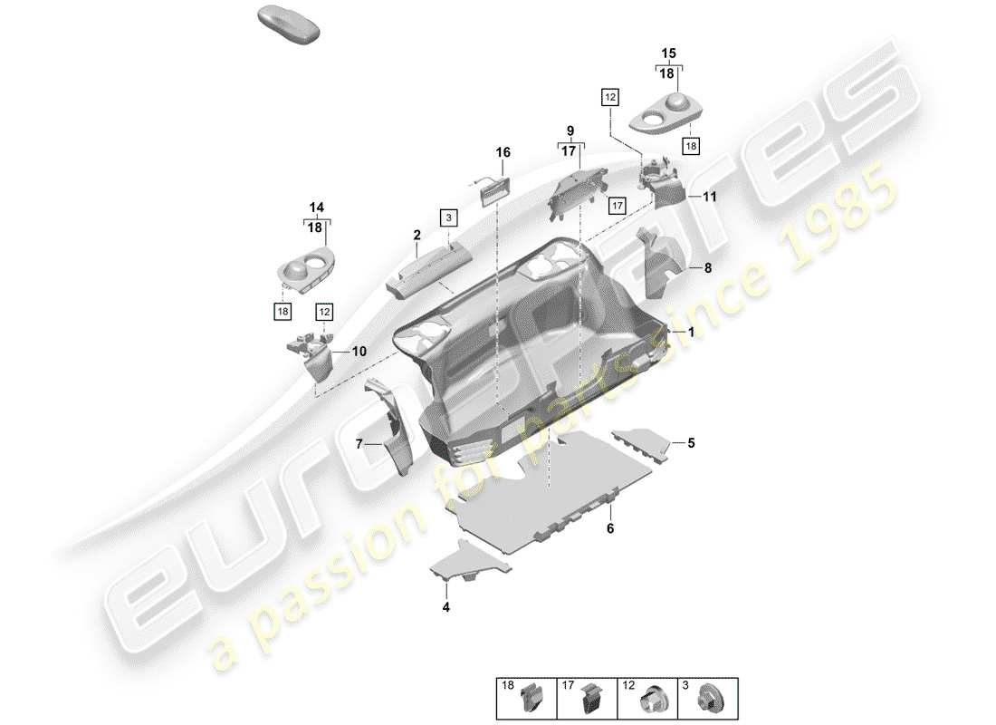 porsche 2019 (718 boxster spyder) doublure de cargo schéma des pièces