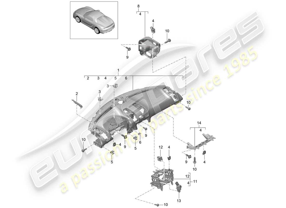 porsche 2016 (981 boxster spyder) garniture du tableau de bord schéma des pièces