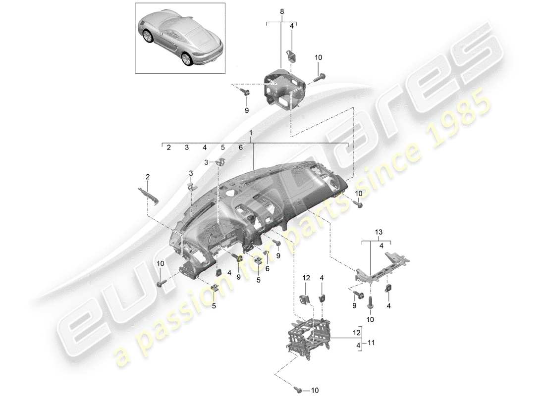 porsche 2018 (718 cayman) garniture de panneau de tableau de bord schéma des pièces