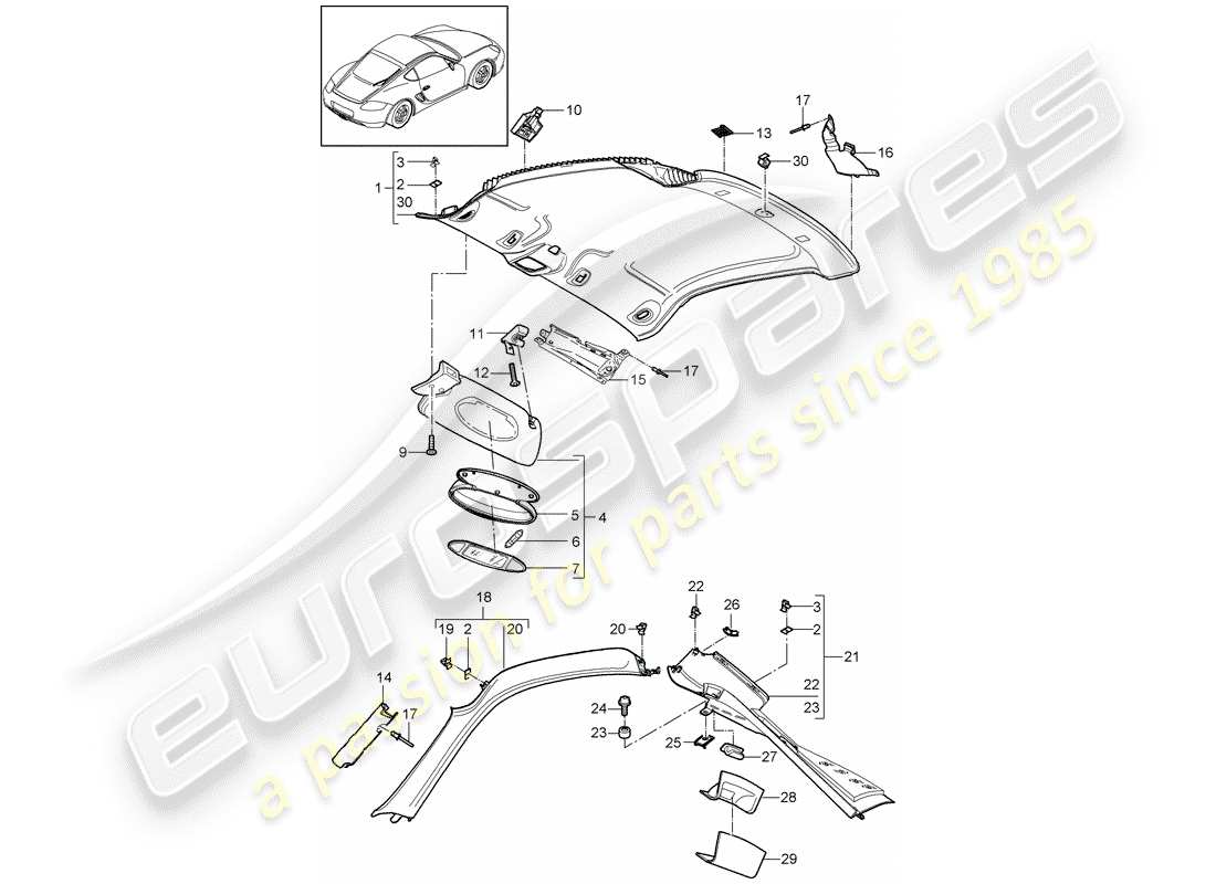 porsche 2007 (987 cayman) panneau de garniture de toit schéma des pièces