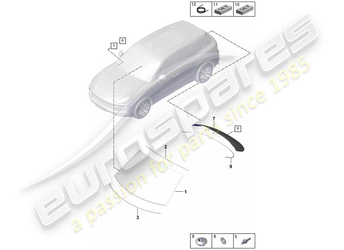 porsche 2018 (cayenne e3 9ya/9yb) verre de pare-brise schéma des pièces