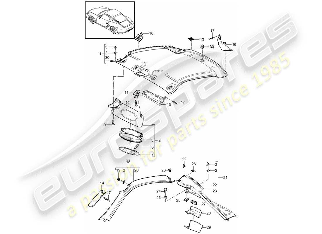 porsche 2009 (987 cayman) panneau de garniture de toit schéma des pièces