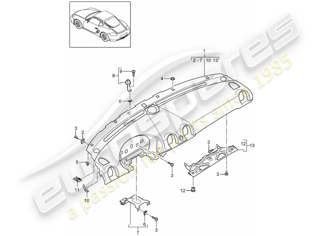 porsche 2009 (987 cayman) garniture de panneau de tableau de bord schéma des pièces