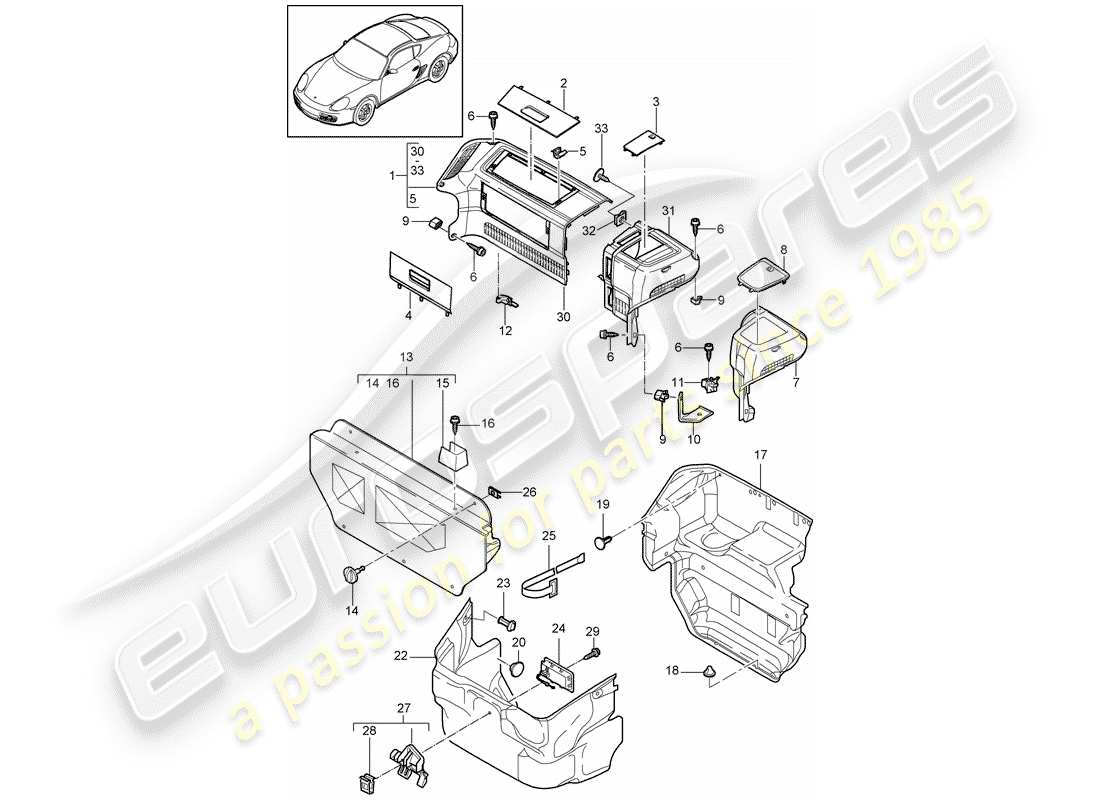 porsche 2011 (987 cayman) coffre à bagages schéma des pièces