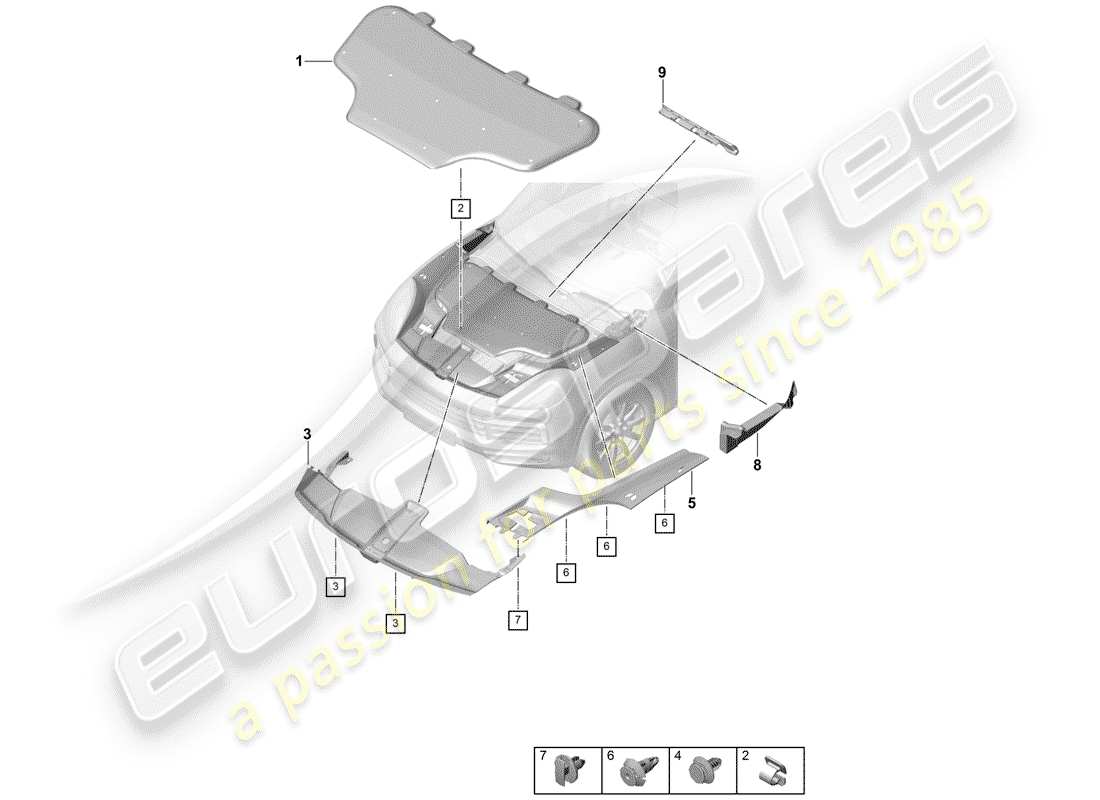 porsche 2019 (cayenne e3 9ya/9yb) schéma des pièces de l'absorpteur sonore
