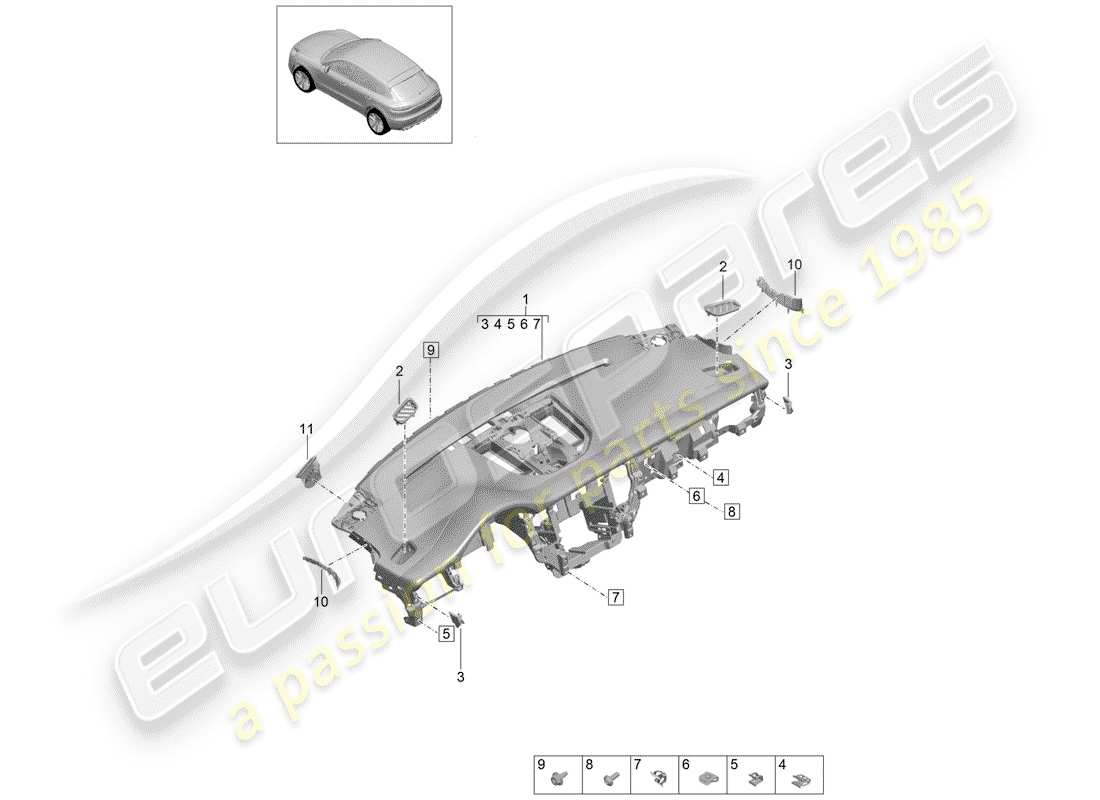 porsche 2019 (macan) garniture du tableau de bord schéma des pièces