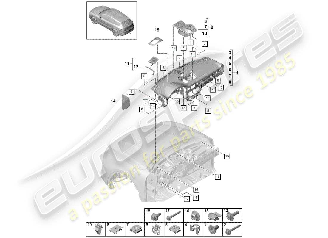 porsche 2019 (cayenne e3 9ya/9yb) garniture du tableau de bord schéma des pièces