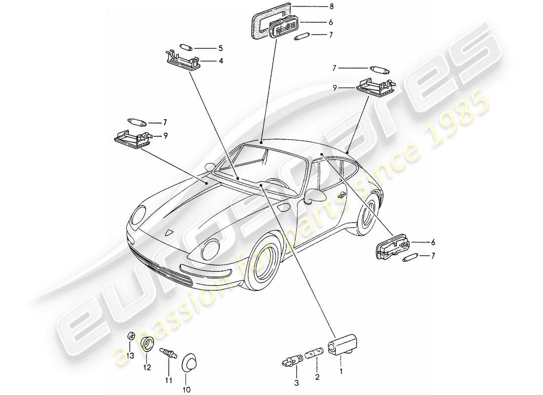 porsche 1998 (993) éclairage intérieur - éclairage du coffre à bagages - éclairage du compartiment moteur schéma des pièces