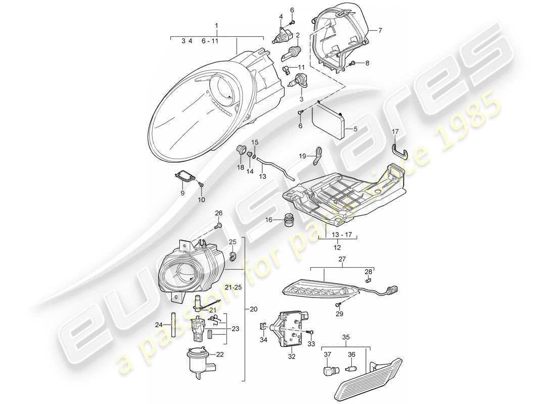 porsche 2008 (997-1 turbo / gt2) lampe frontale schéma des pièces