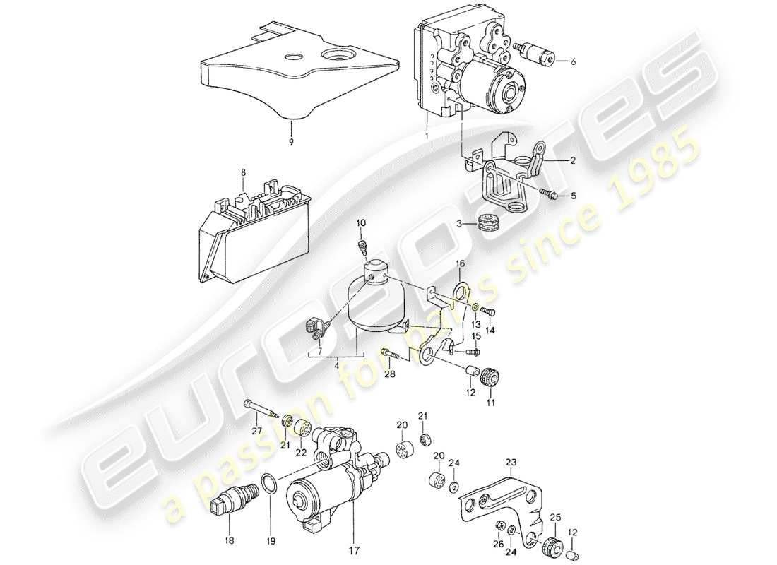porsche 1998 (993) unité hydraulique - système de frein antiblocage. -abs- - commande - voir informations techniques - gr.4 nr3/94 schéma des pièces