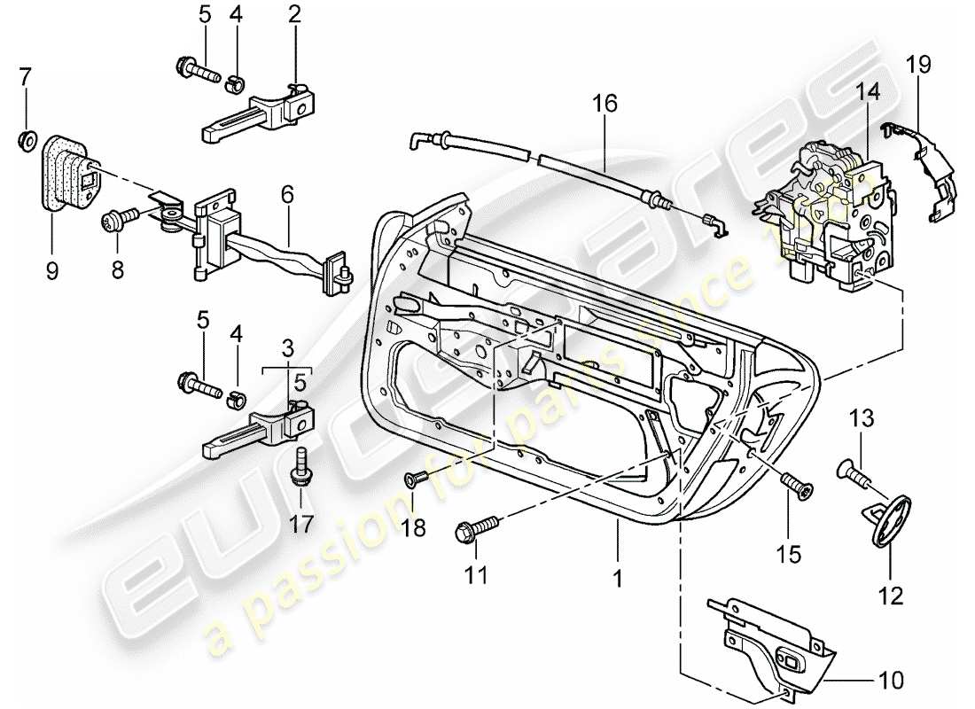 porsche 2005 (996 gt3) coquille de porte - loquet de porte schéma des pièces