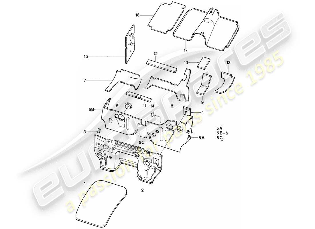 porsche 1986 (928) carrosserie - insonorisation 1 schéma des pièces