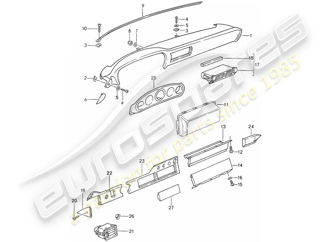 porsche 1998 (993) tableau de bord - pour véhicules avec - airbag - (côté passager) schéma des pièces