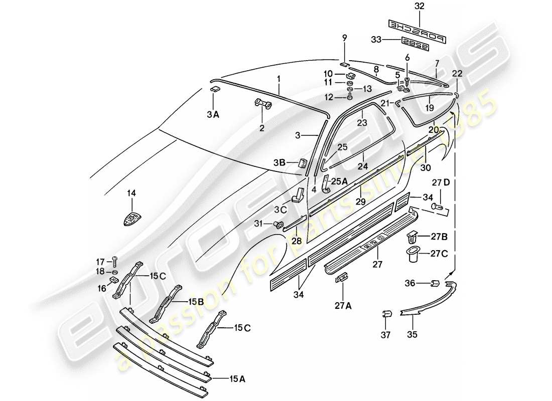 porsche 1981 (928) bande de couverture - équipements décoratifs - f >> 92-cs800 354 - f >> 92-cs840 998 - f 92-cs800 355>> - f 92-cs{ 10} 999>> - voir tpi - gr.8 nr.38 schéma des pièces