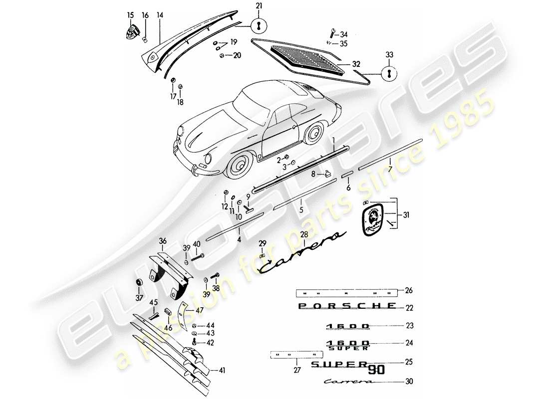 porsche 1963 (356b/356c) équipements décoratifs schéma des pièces