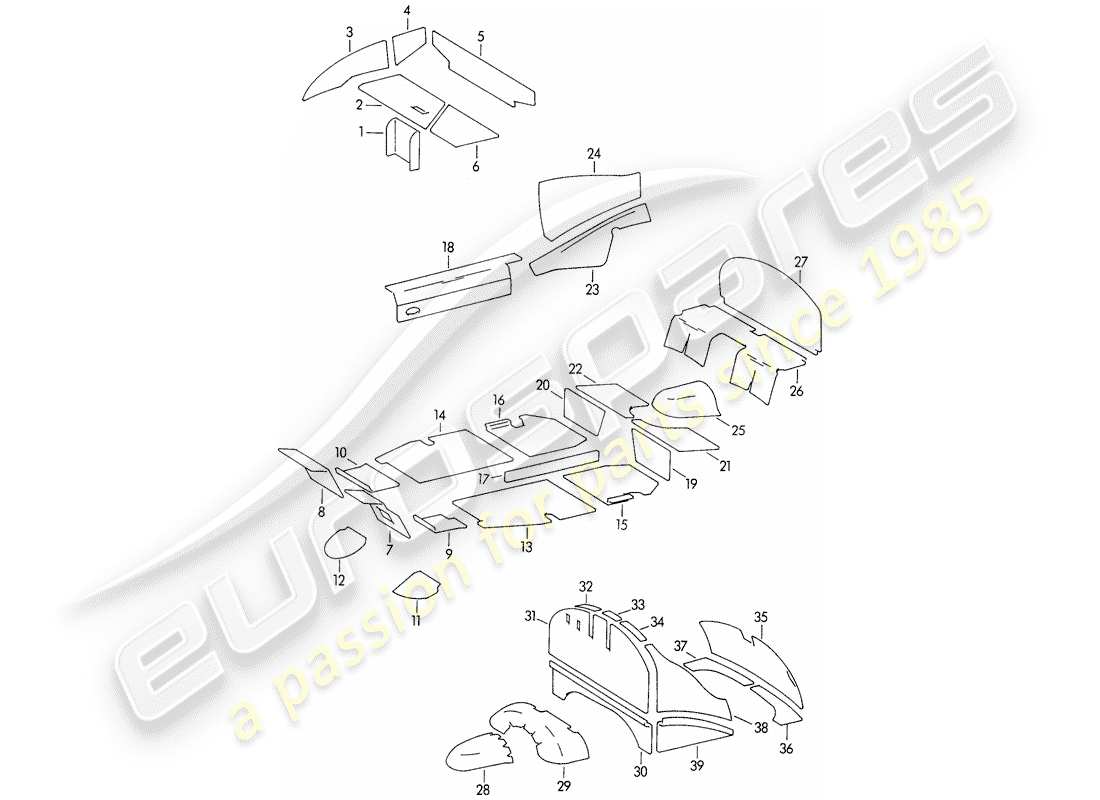 porsche 1954 (356/356a) carrosserie - absorpteur sonore schéma des pièces