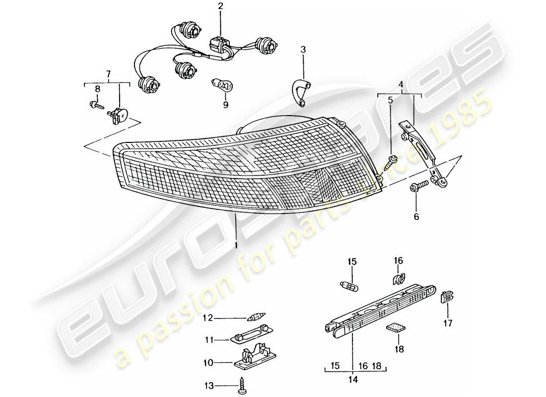 porsche 2001 (996 turbo / gt2) feu arrière - éclairage de plaque d'immatriculation - feu stop supplémentaire schéma des pièces