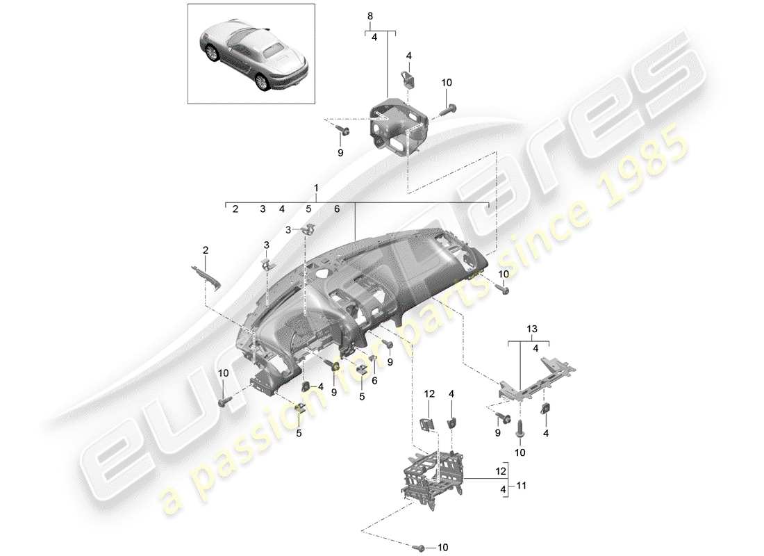 porsche 2020 (718 boxster) garniture de panneau de tableau de bord schéma des pièces