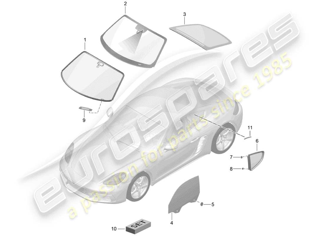 porsche 2019 (718 cayman) verre de pare-brise schéma des pièces