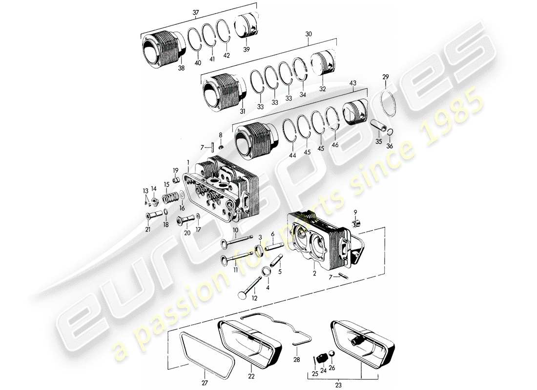 porsche 1965 (356b/356c) culasse - cylindre à pistons schéma des pièces