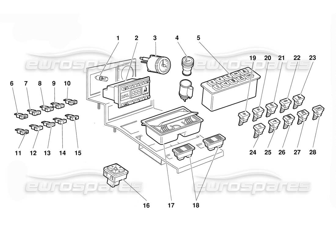 lamborghini diablo (1991) diagramme des pièces des instruments du panneau de tunnel