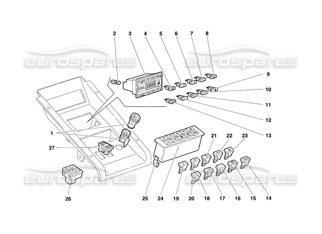 lamborghini diablo sv (1997) diagramme des pièces des instruments du panneau de tunnel