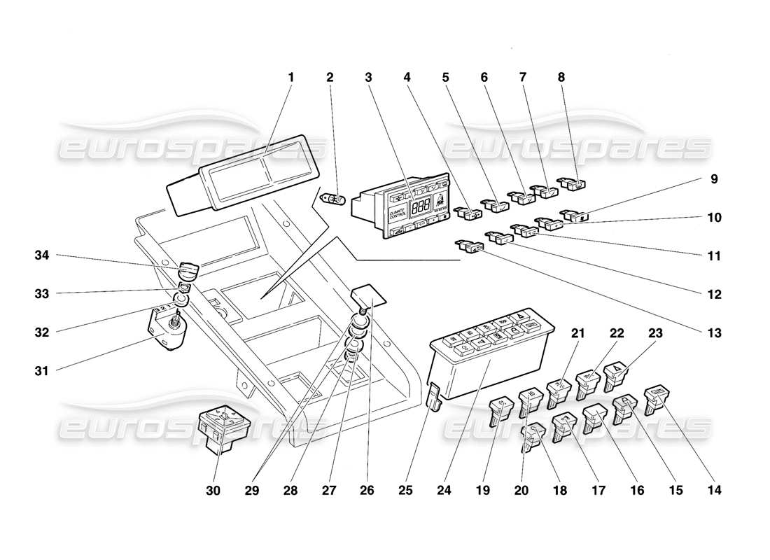 lamborghini diablo se30 (1995) diagramme des pièces des instruments du panneau de tunnel