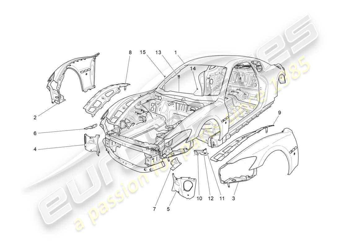 maserati granturismo s (2020) schéma des pièces de la carrosserie et des panneaux de garniture extérieurs avant