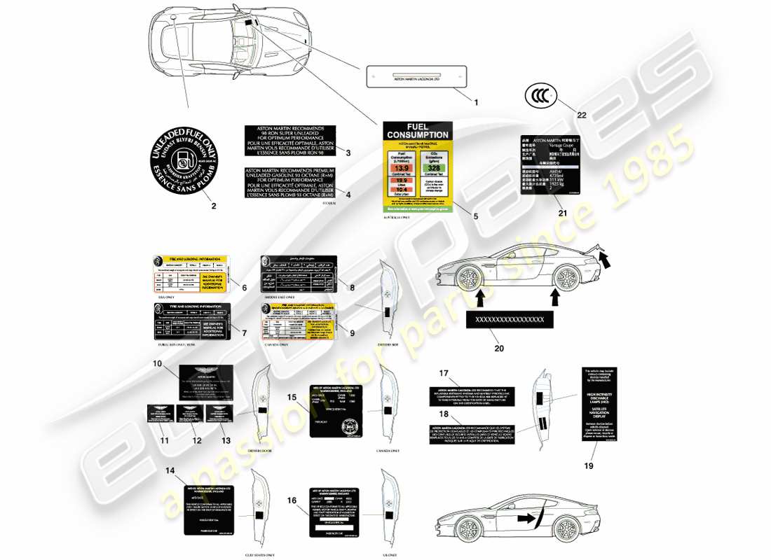 aston martin v8 vantage (2007) schéma des pièces des étiquettes extérieures