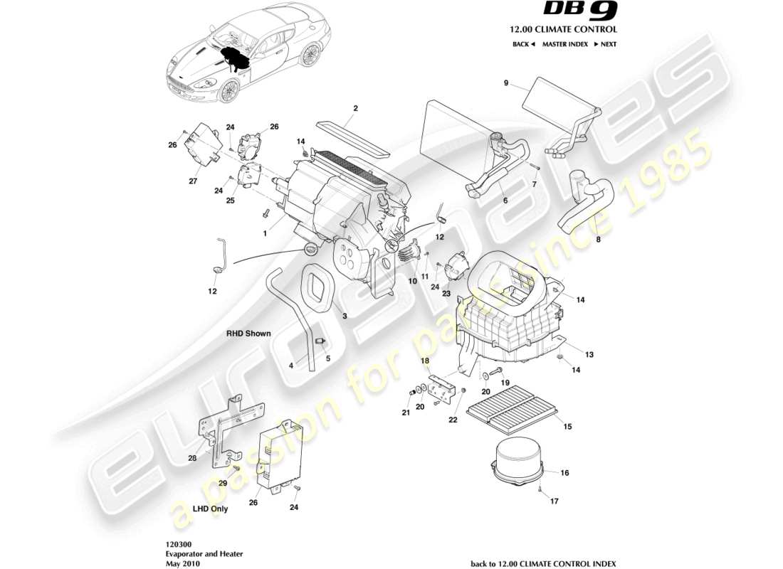 aston martin db9 (2011) schéma des pièces de l'évaporateur et du chauffage