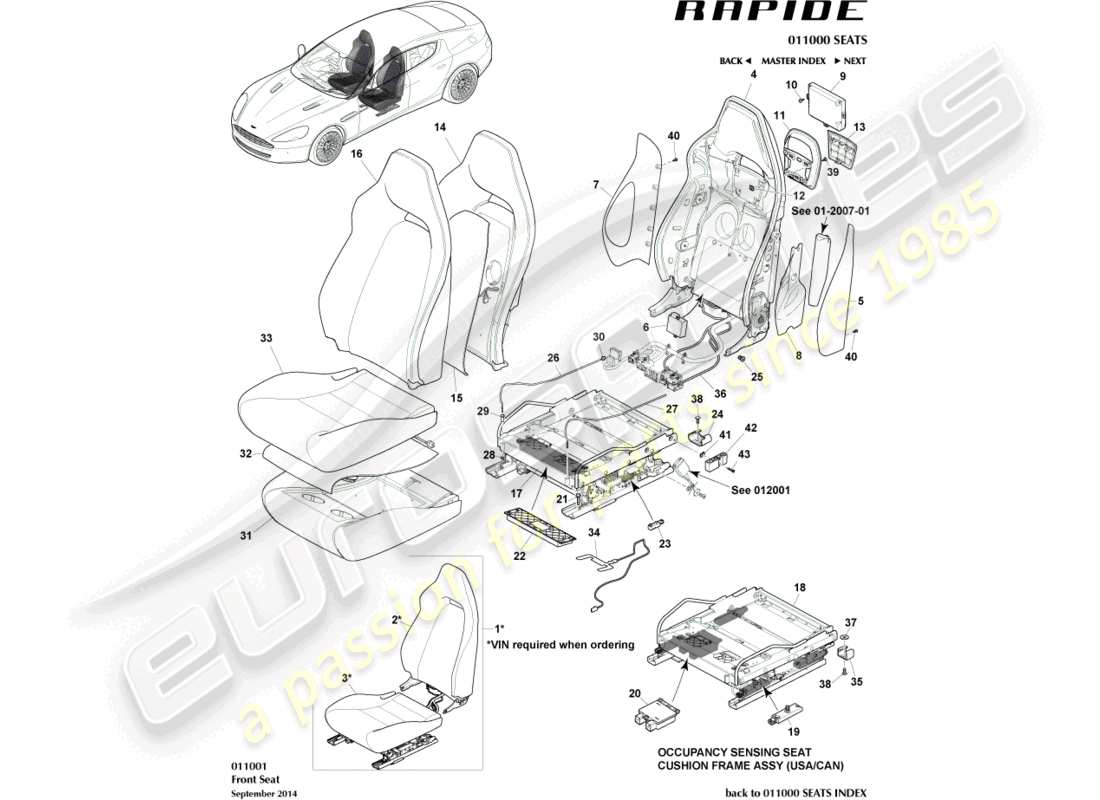 aston martin rapide (2019) sièges avant schéma des pièces