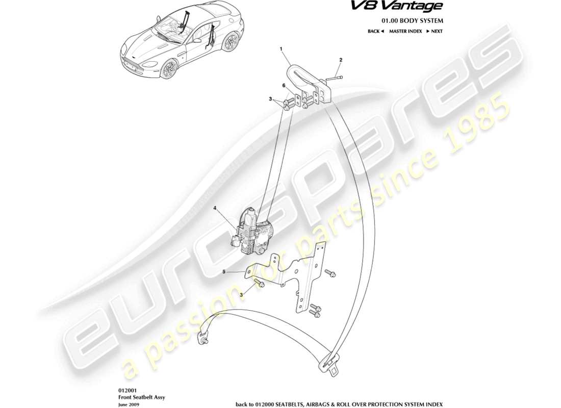 aston martin v8 vantage (2011) ceintures de sécurité, airbags et système de protection contre le retournement - schéma des pièces