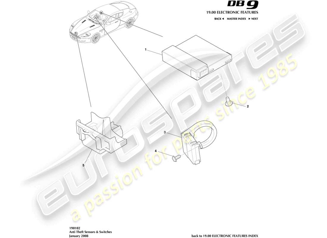 aston martin db9 (2007) diagramme des pièces des caractéristiques électroniques