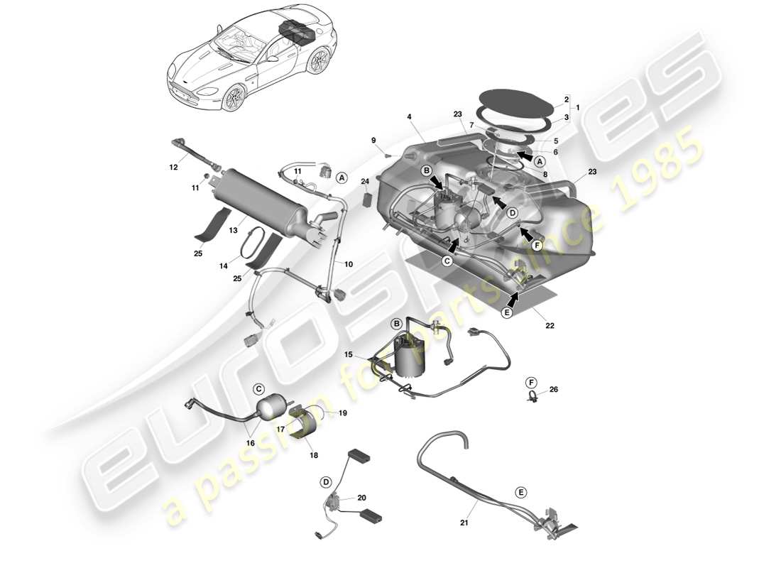 aston martin v8 vantage (2005) ensemble réservoir de carburant, 13my sur le diagramme de pièce