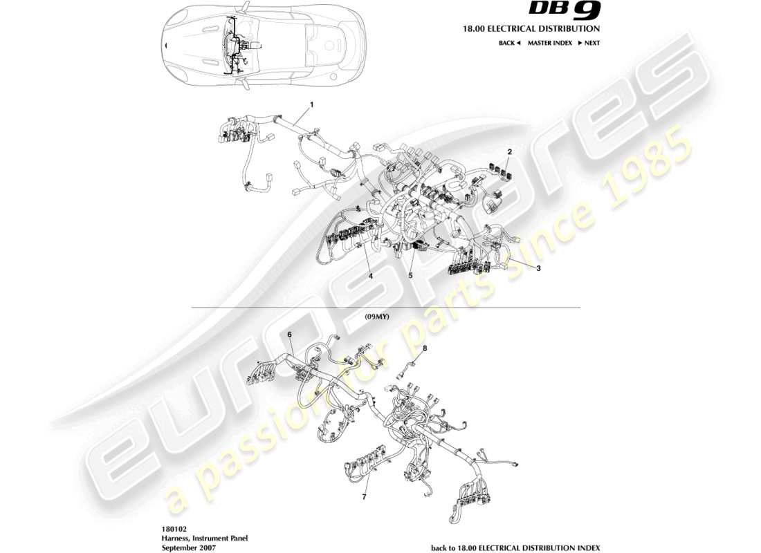 aston martin db9 (2008) diagramme des pièces du faisceau ip