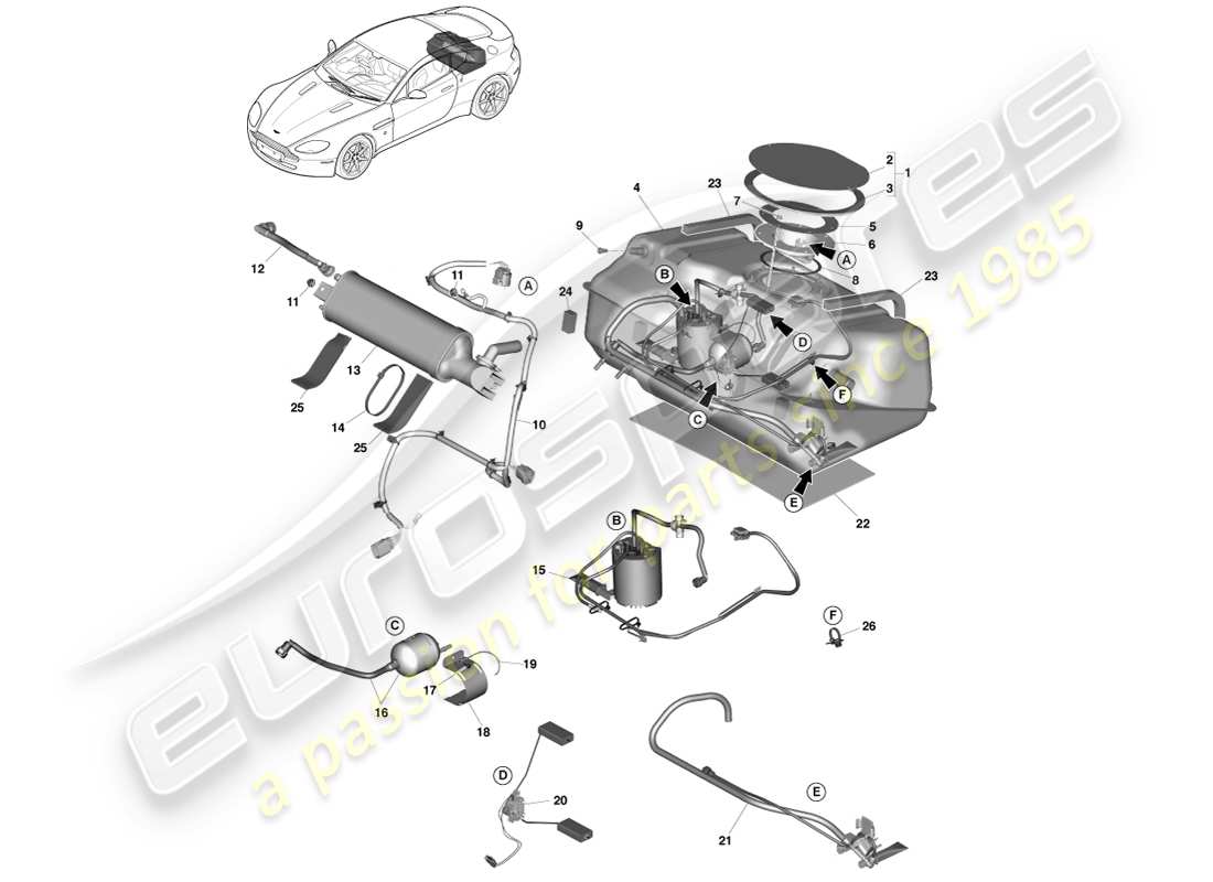 aston martin v8 vantage (2007) ensemble réservoir de carburant, 13my sur le diagramme de pièce