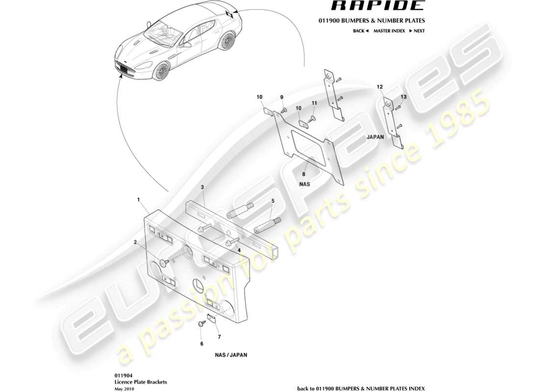 aston martin rapide (2014) socles de plaque d'immatriculation schéma des pièces