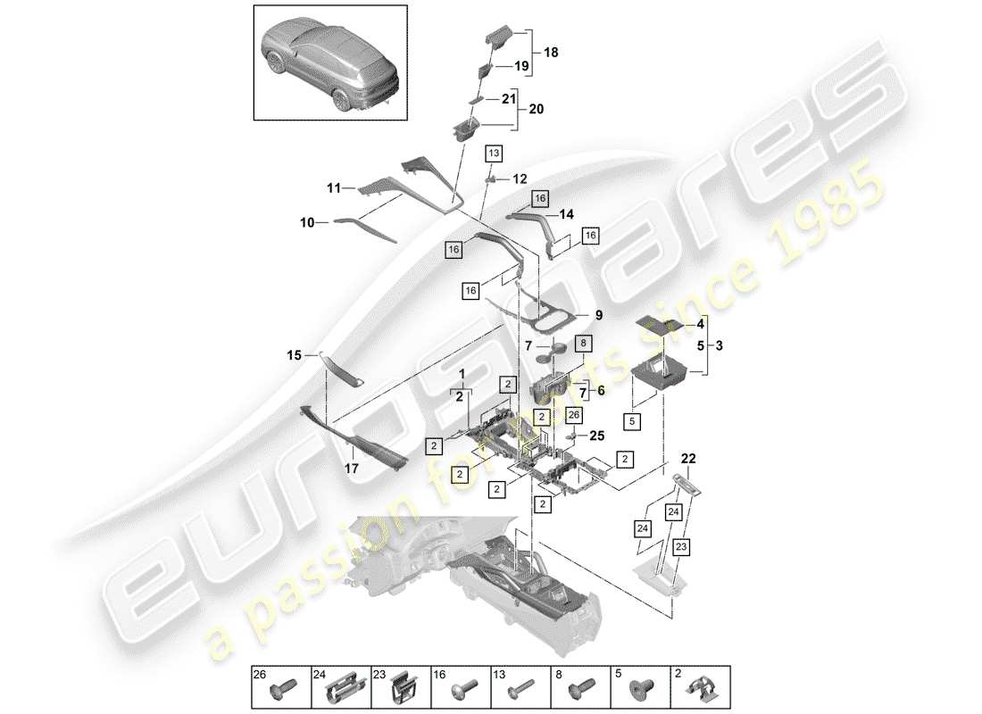 porsche 2019 (cayenne e3 9ya/9yb) console centrale schéma des pièces