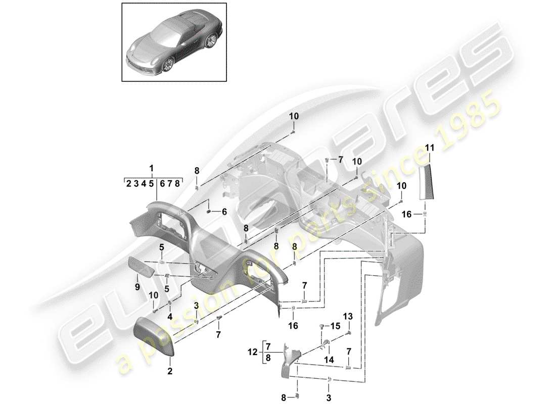 porsche 2015 (991-1 r/gt3/rs) panneau de garniture pour traverse schéma des pièces