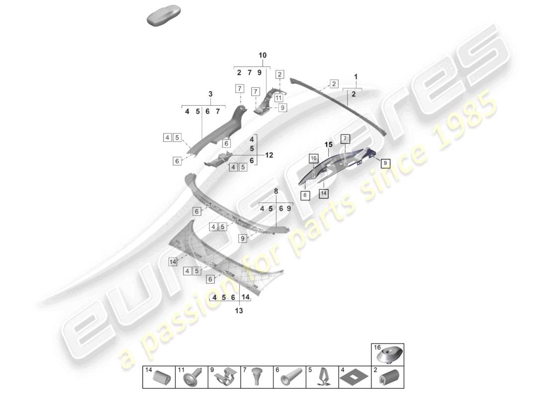 porsche 2019 (992-1) garniture du couvercle intérieur du coffre de rangement du toit cabriolet schéma des pièces