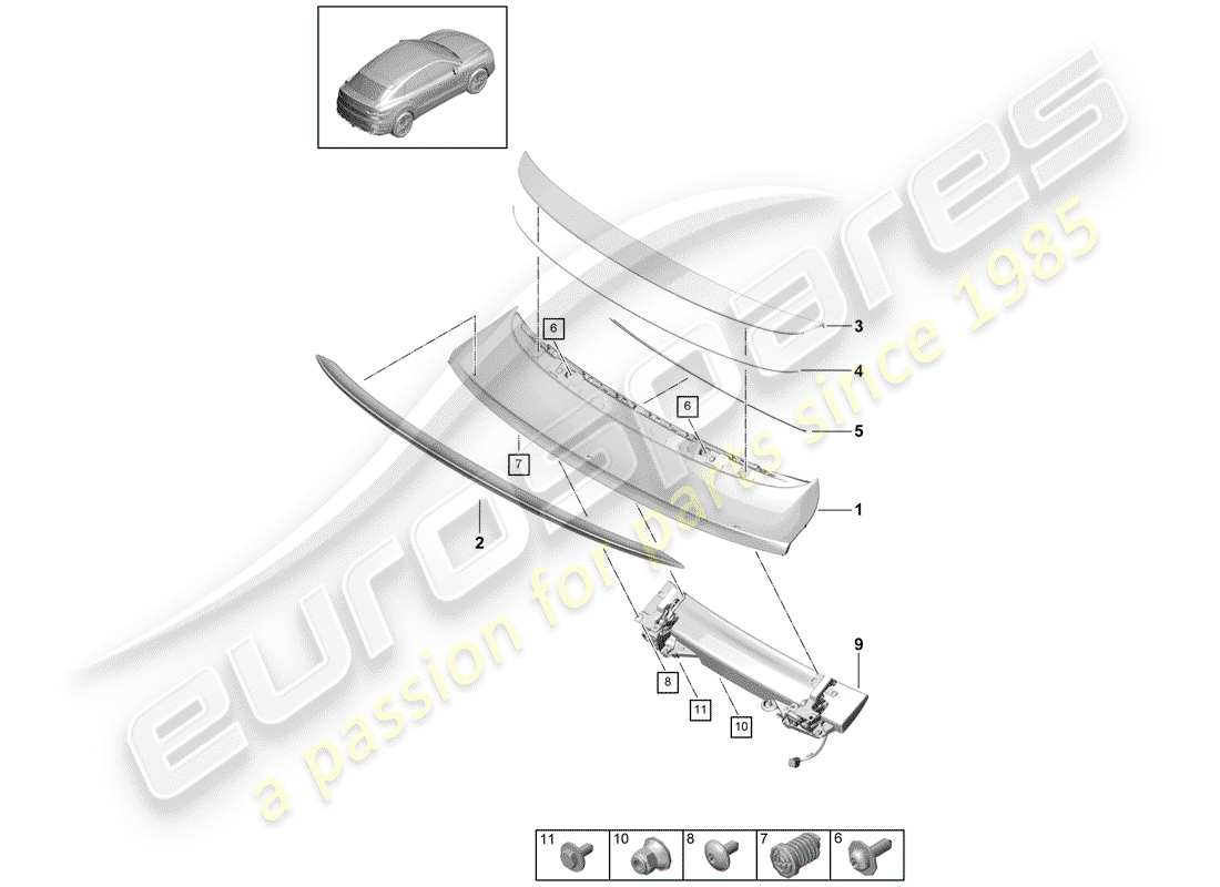 porsche 2018 (cayenne e3 9ya/9yb) aileron arrière schéma des pièces