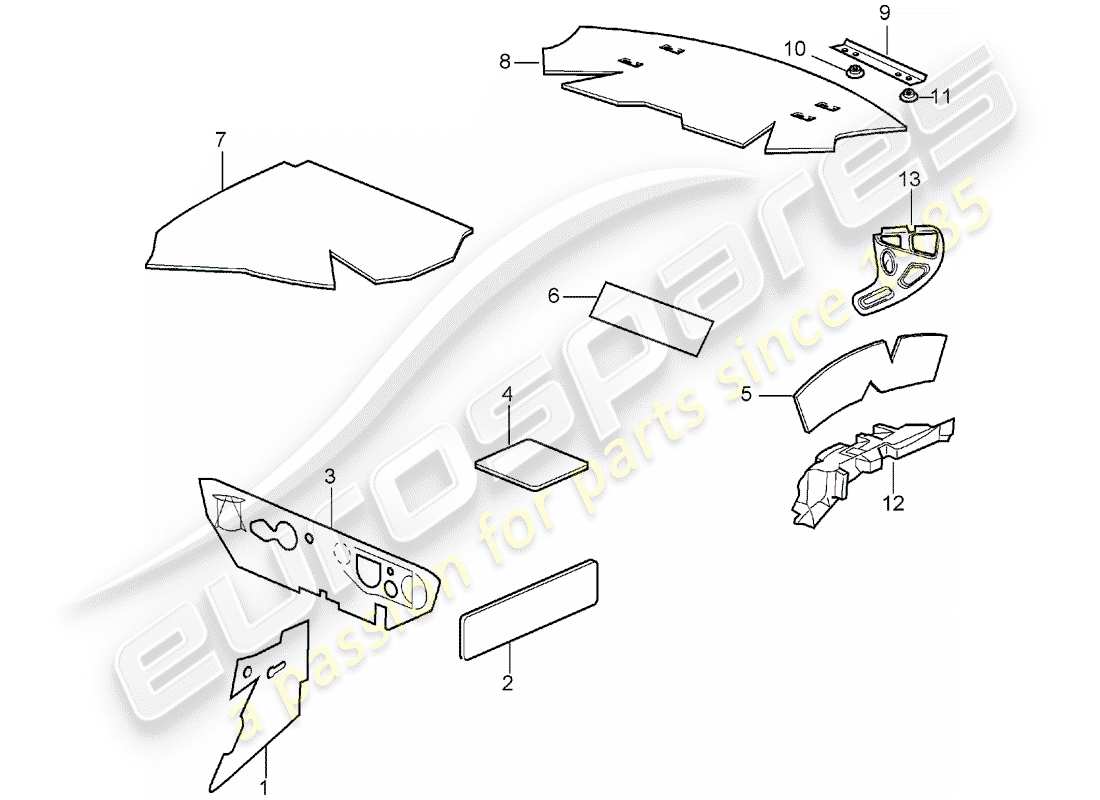 porsche 1998 (996) coque - absorbeurs acoustiques schéma des pièces