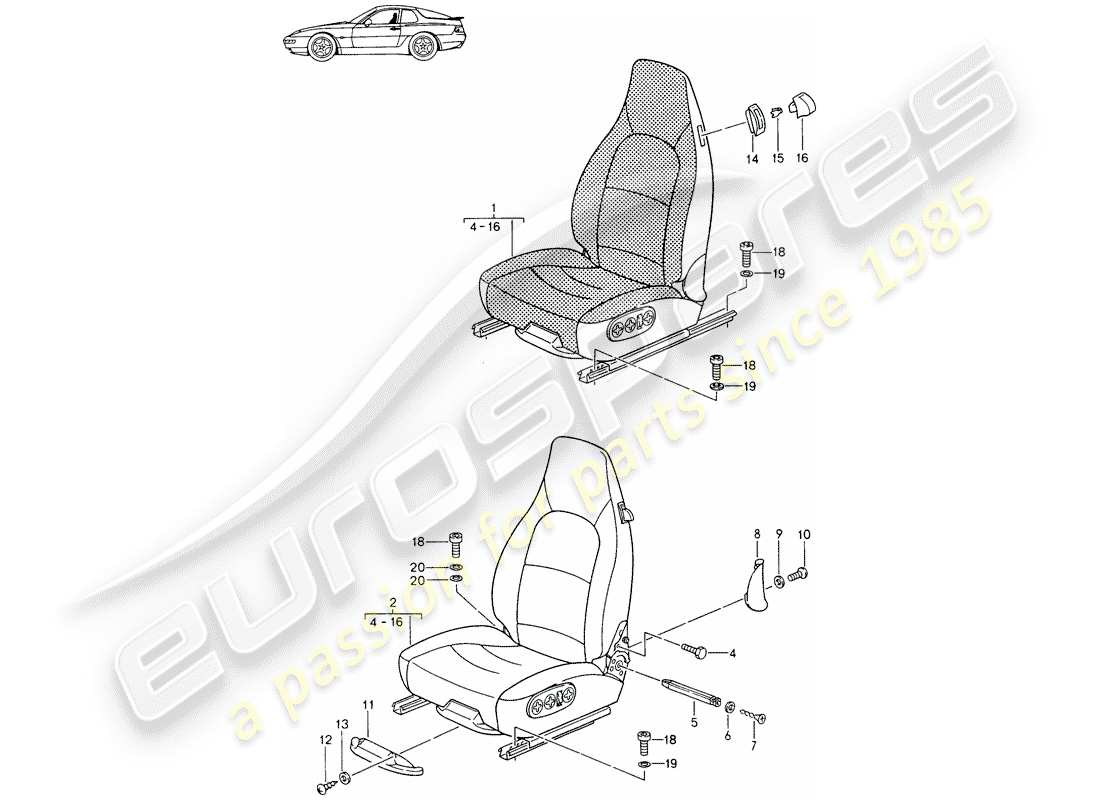 un schéma de pièces du catalogue de pièces porsche 1996 (seats for 944/968/911/928)